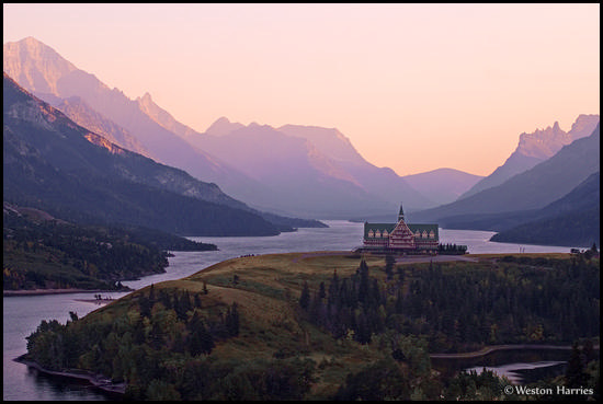 - Prince of Wales Hotel, Waterton Lake, and surrounding peaks at sunset, Waterton Lakes NP, Canada -