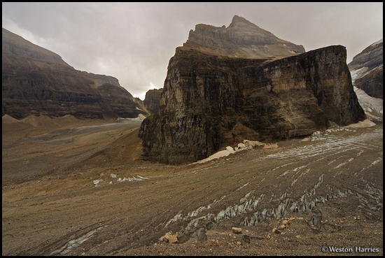 - Rock and dirt covered glacier in the Plain of Six Glaciers area, Banff NP, Canada -