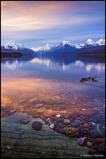 - Colorful Rocks in Lake McDonald at Sunset, Glacier NP -