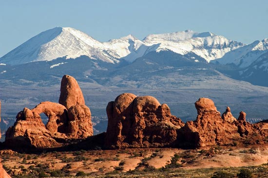 - Turret Arch and Sandstone Formations, with the Snow Capped La Sal Mtns in the Background, Arches NP -
