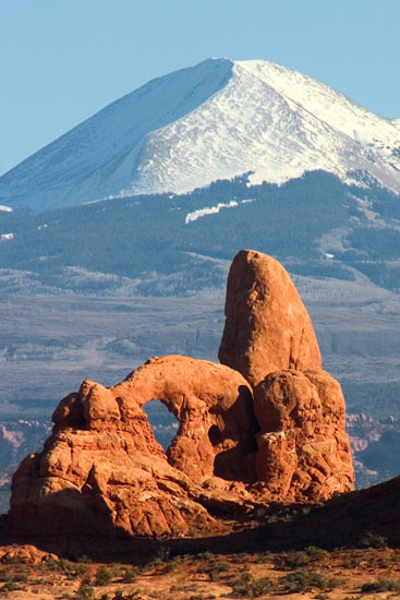 - Turret Arch with the Snow Capped La Sal Mtns in the Background, Arches NP -
