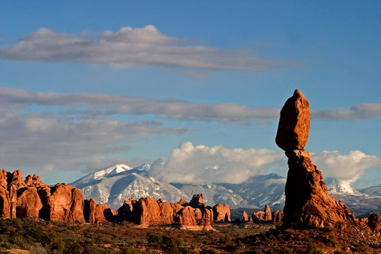 - Balanced Rock and the La Sal Mtns in Clouds, Late Afternoon, Arches NP -