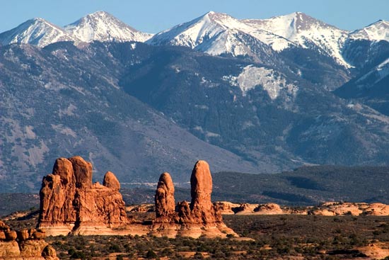 - Sandstone Formations Beneath the Snow Capped La Sal Mtns, Arches NP -