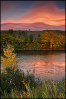 - Lenticular Clouds Above St. Mary River
with Fall Colors at Sunset, Glacier NP -