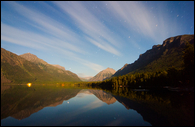 - Streaked Clouds Over Vaught, Cannon, and Brown Mtns,
Reflected in Lake McDonald Under a Full Moon, Glacier NP -