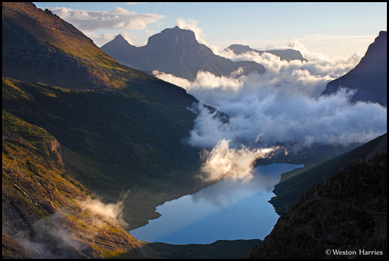 - Gunsight Lake and a Cloud Filled Valley
Seen From Gunsight Pass at Sunrise, Glacier NP -