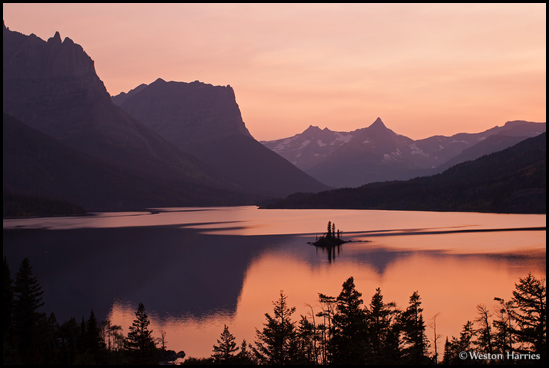 - Pink Sunset (Wildfire Smoke) Reflected in St. Mary Lake, Glacier NP -