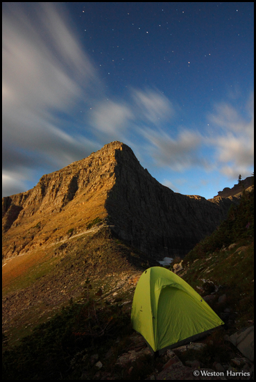 - Tent and Triple Divide Peak
Illuminated by a Full Moon, Glacier NP -