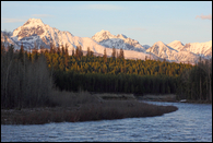 - Snow Covered Peaks Above the North Fork of the Flathead River at Sunset, Glacier NP -