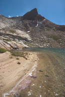 - Sandy Beach, Turquoise Water, and Mineral Peak at Upper Monarch Lake, Mineral King Area, Sequoia NP -