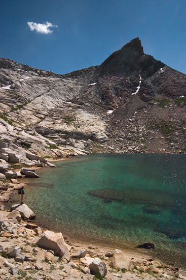 - Backpacker on the Shore of Upper Monarch Lake, Below Mineral Peak, Mineral King Area, Sequoia NP -