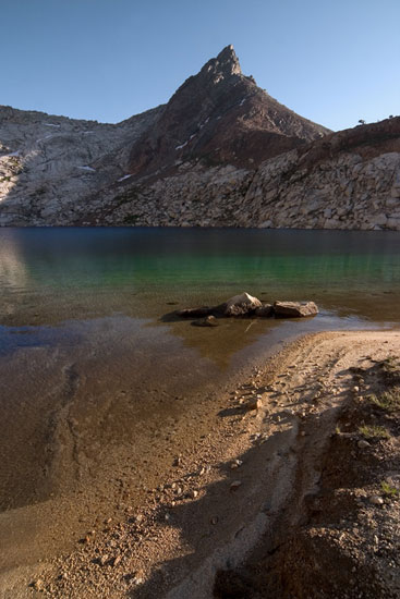 - Sandy Beach, Turquoise Water, and Mineral Peak at Upper Monarch Lake, Mineral King Area, Sequoia NP -